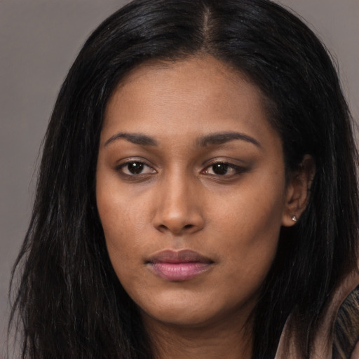Neutral asian young-adult female with long  black hair and brown eyes