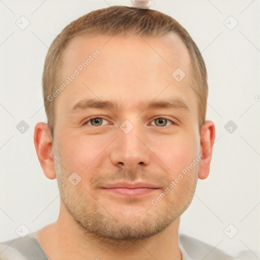 Neutral white young-adult male with short  brown hair and grey eyes