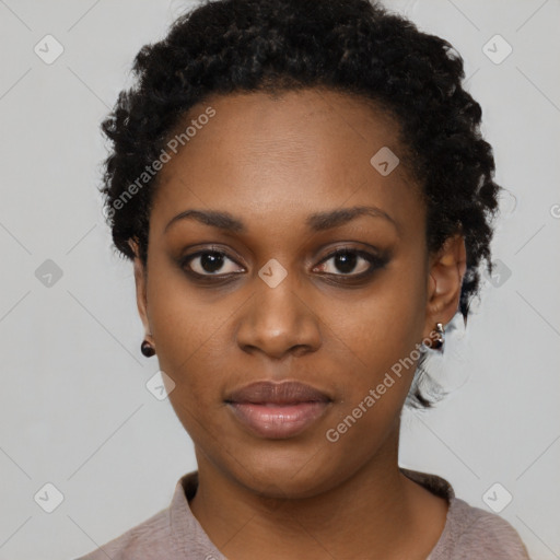 Neutral black young-adult female with short  black hair and brown eyes