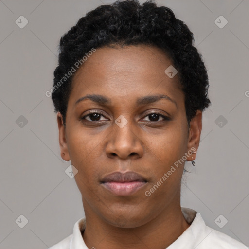 Neutral black young-adult female with short  black hair and brown eyes