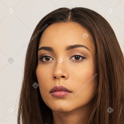 Neutral white young-adult female with long  brown hair and brown eyes