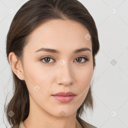 Neutral white young-adult female with medium  brown hair and brown eyes