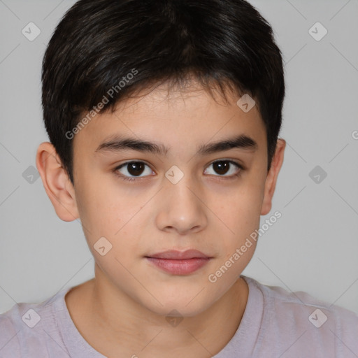 Joyful white child male with short  brown hair and brown eyes