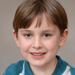 Joyful white child female with short  brown hair and grey eyes