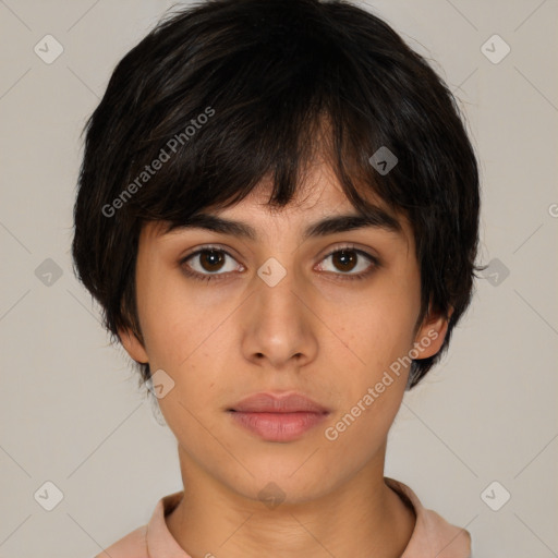 Neutral white young-adult female with medium  brown hair and brown eyes