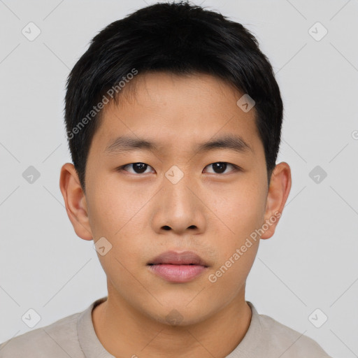 Neutral asian young-adult male with short  brown hair and brown eyes