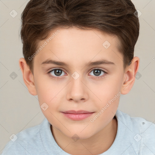 Joyful white child female with short  brown hair and brown eyes