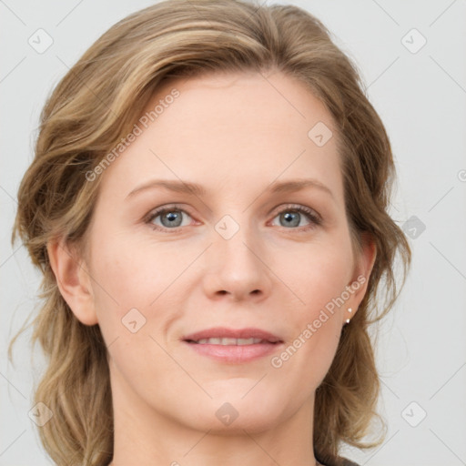 Joyful white young-adult female with medium  brown hair and blue eyes