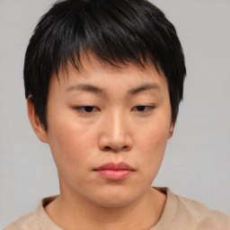 Neutral asian young-adult female with short  brown hair and brown eyes