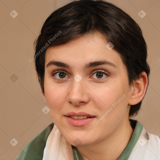 Joyful white young-adult female with medium  brown hair and brown eyes