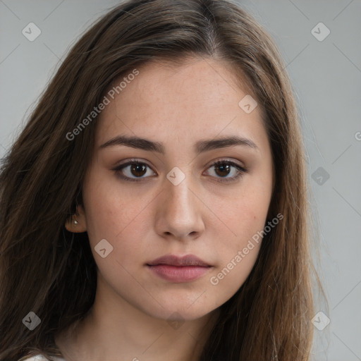 Neutral white young-adult female with long  brown hair and brown eyes