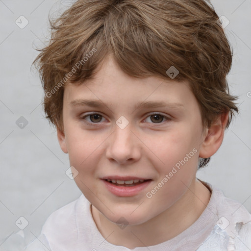 Joyful white child female with short  brown hair and brown eyes