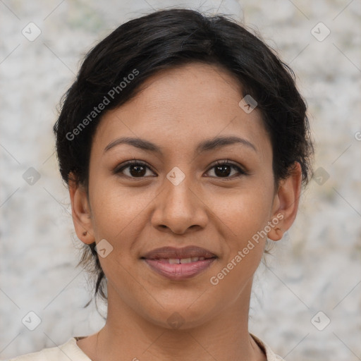 Joyful latino young-adult female with short  brown hair and brown eyes