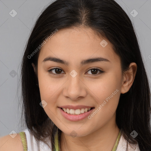 Joyful white young-adult female with long  brown hair and brown eyes