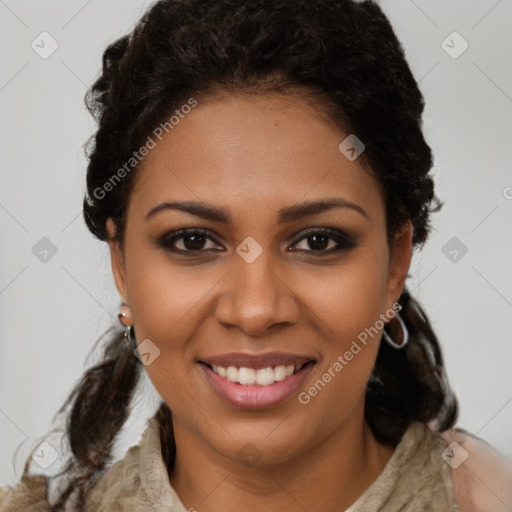 Joyful black young-adult female with medium  brown hair and brown eyes