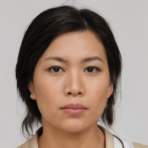 Neutral asian young-adult female with medium  brown hair and brown eyes