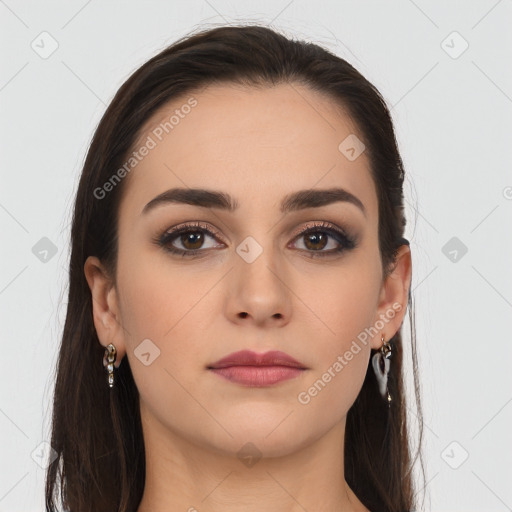 Joyful white young-adult female with long  brown hair and brown eyes