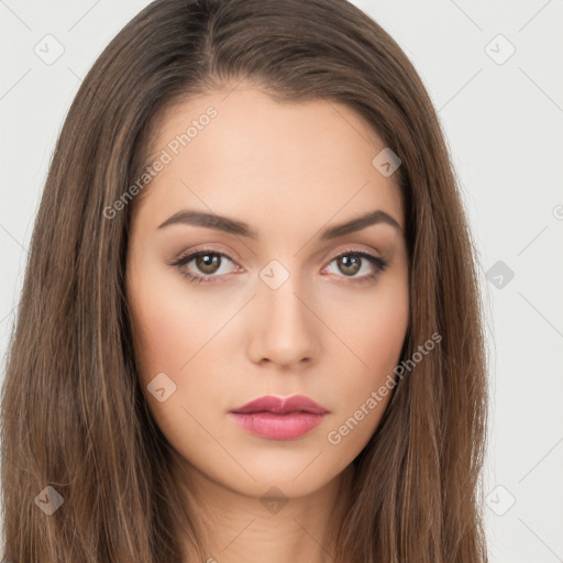 Neutral white young-adult female with long  brown hair and brown eyes