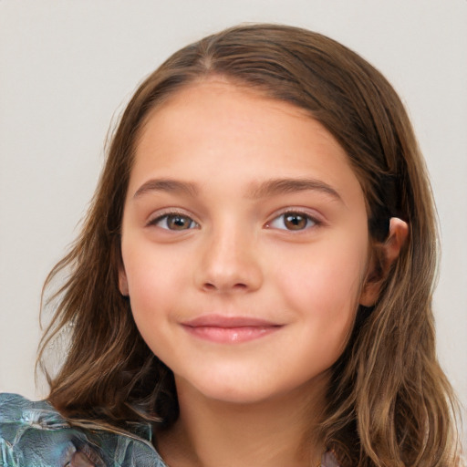 Joyful white child female with long  brown hair and brown eyes