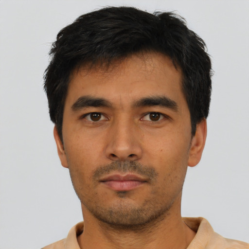Neutral asian young-adult male with short  black hair and brown eyes