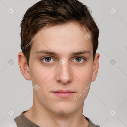 Neutral white young-adult male with short  brown hair and grey eyes