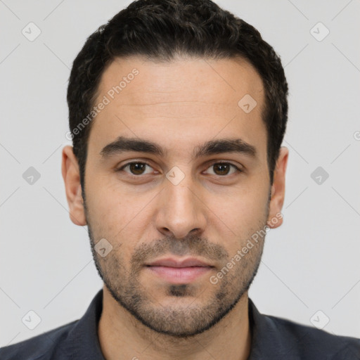 Neutral white young-adult male with short  black hair and brown eyes