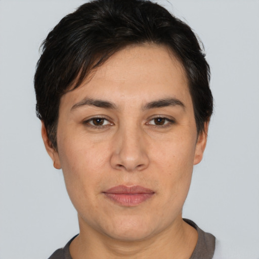 Neutral white adult female with short  brown hair and brown eyes