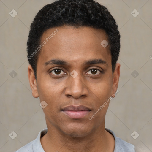 Neutral black young-adult male with short  black hair and brown eyes