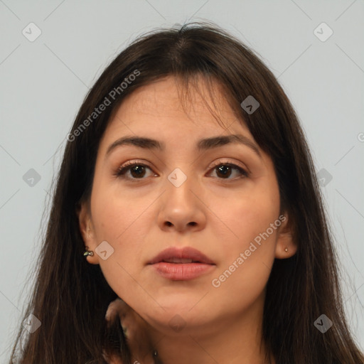 Neutral white young-adult female with long  brown hair and brown eyes