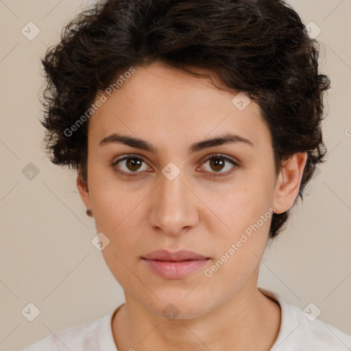 Neutral white young-adult female with short  brown hair and brown eyes