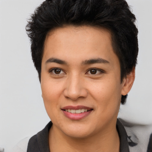 Joyful asian young-adult female with short  brown hair and brown eyes