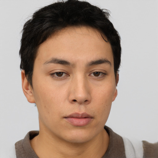 Neutral asian young-adult male with short  brown hair and brown eyes