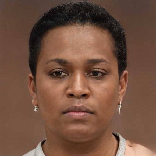 Neutral black young-adult female with short  brown hair and brown eyes
