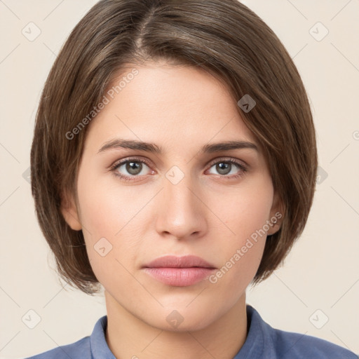 Neutral white young-adult female with medium  brown hair and brown eyes