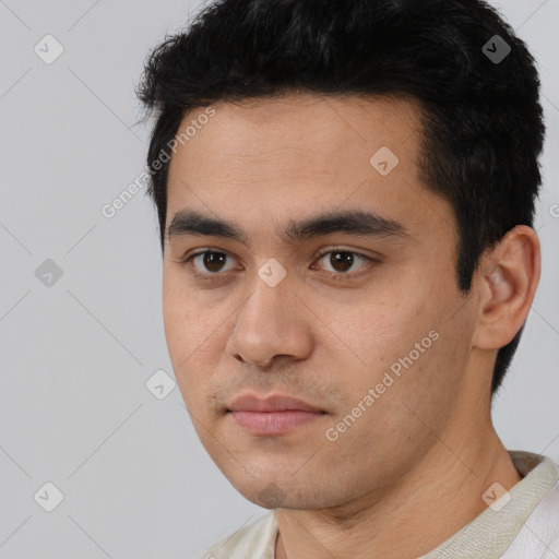 Neutral latino young-adult male with short  black hair and brown eyes