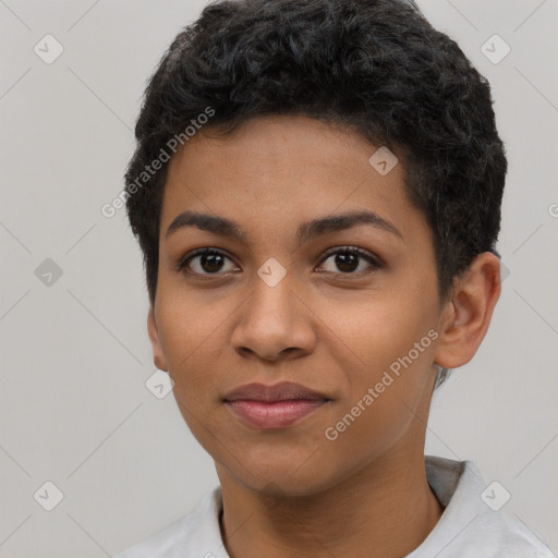 Joyful latino young-adult female with short  black hair and brown eyes