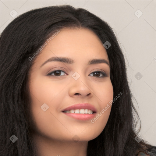 Joyful latino young-adult female with long  brown hair and brown eyes