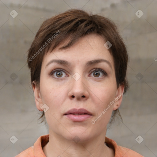 Neutral white young-adult female with medium  brown hair and brown eyes