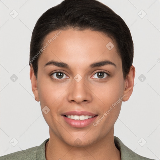 Joyful white young-adult female with short  brown hair and brown eyes