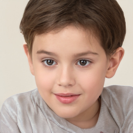 Joyful white child female with short  brown hair and brown eyes