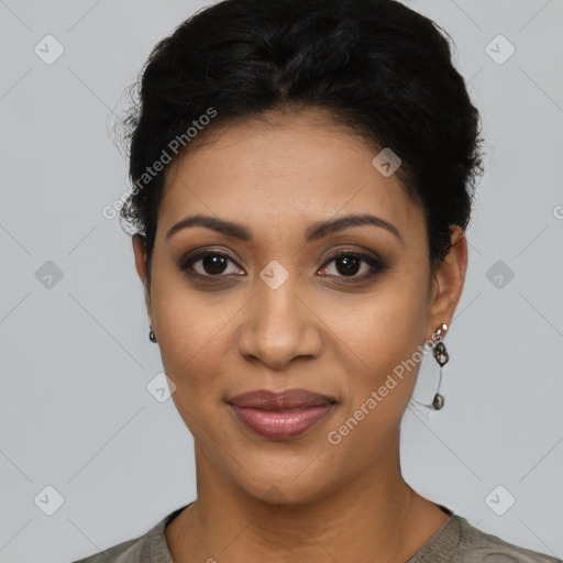 Joyful latino young-adult female with short  black hair and brown eyes