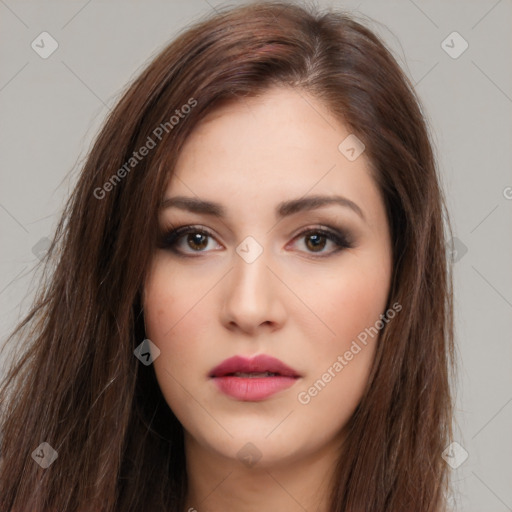 Neutral white young-adult female with long  brown hair and brown eyes