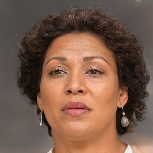 Joyful asian adult female with medium  brown hair and brown eyes