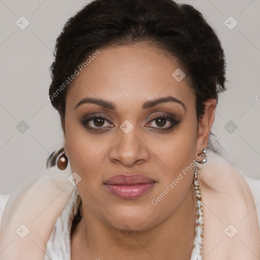 Joyful latino young-adult female with long  brown hair and brown eyes