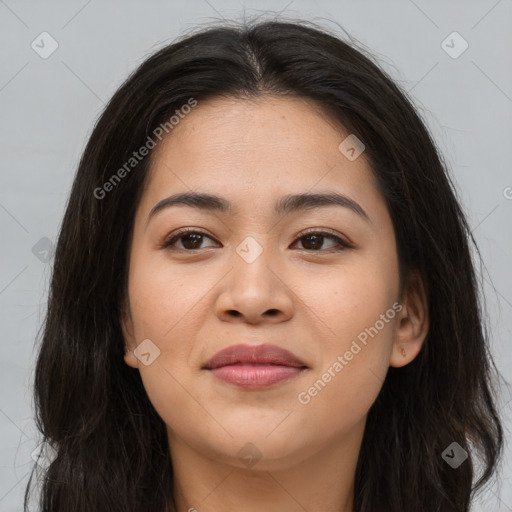 Joyful asian young-adult female with long  brown hair and brown eyes