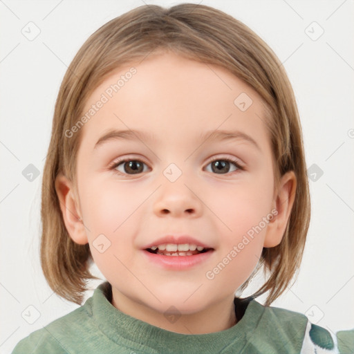 Joyful white child female with medium  brown hair and grey eyes