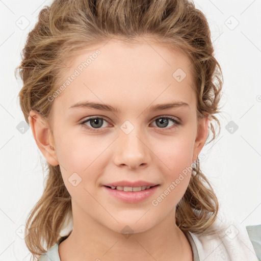 Joyful white child female with medium  brown hair and brown eyes