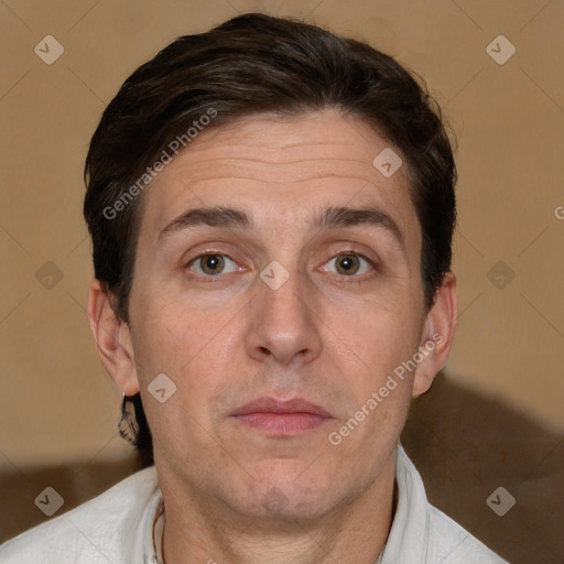 Neutral white adult male with short  brown hair and brown eyes