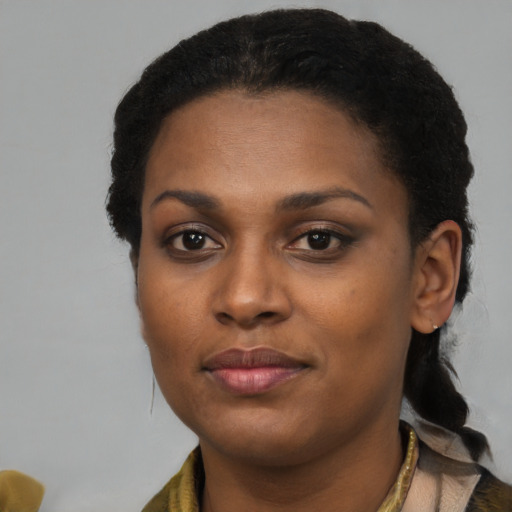 Neutral black young-adult female with short  brown hair and brown eyes