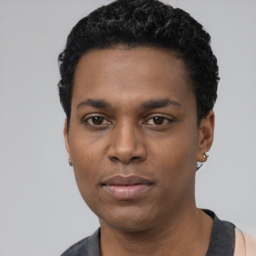 Neutral black young-adult male with short  black hair and brown eyes